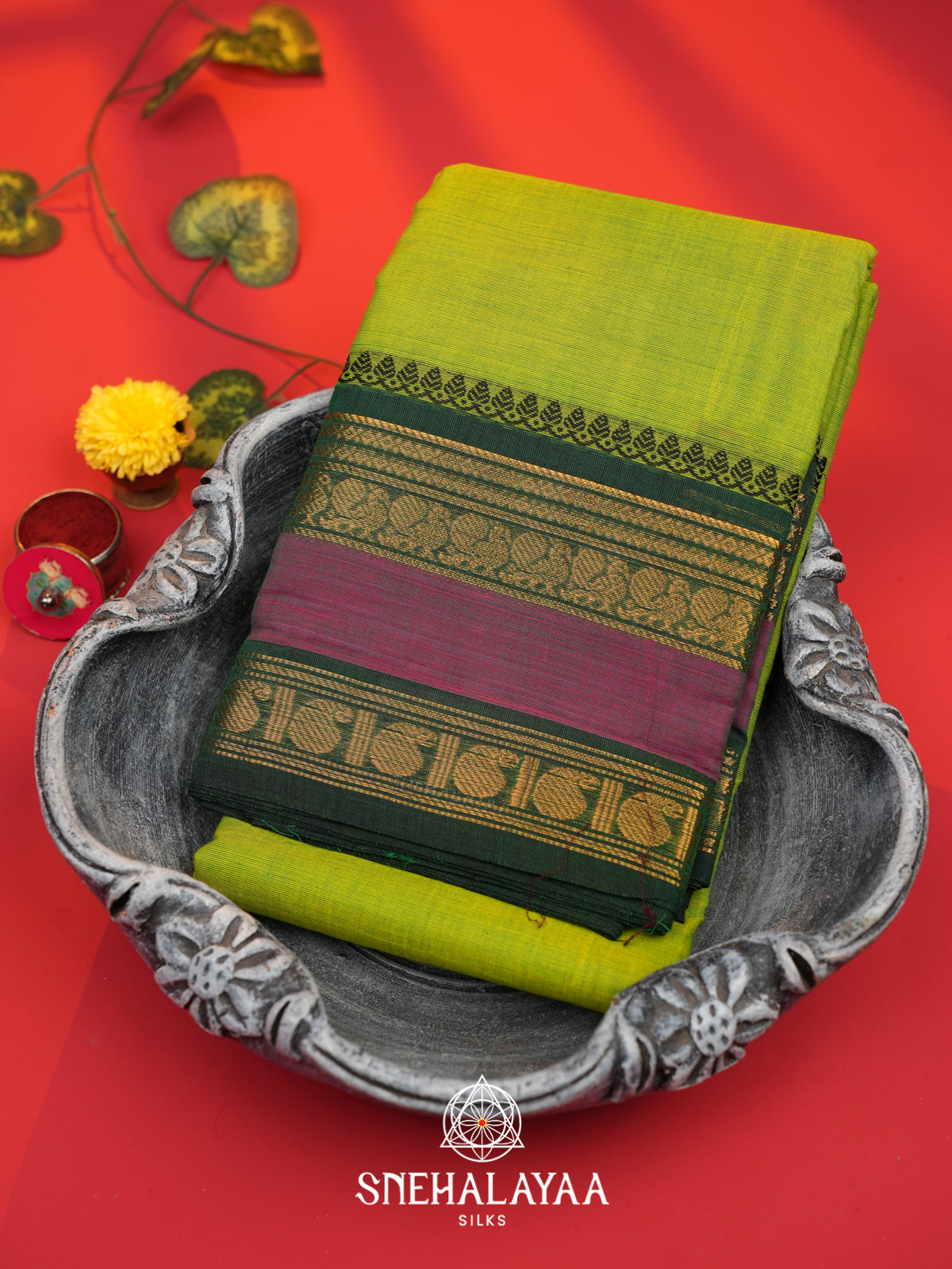 Parrot Green Chettinad Cotton Saree
