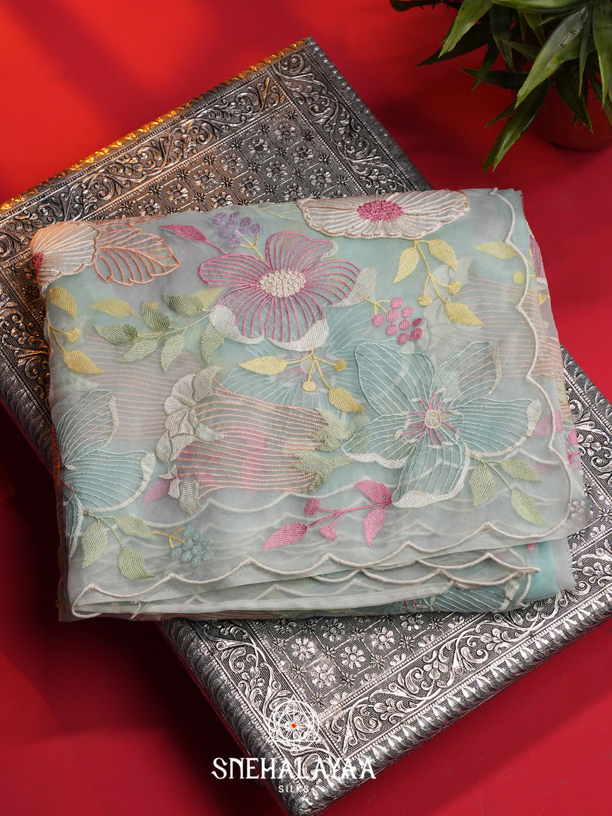 Sky Blue Embroidered Organza Saree
