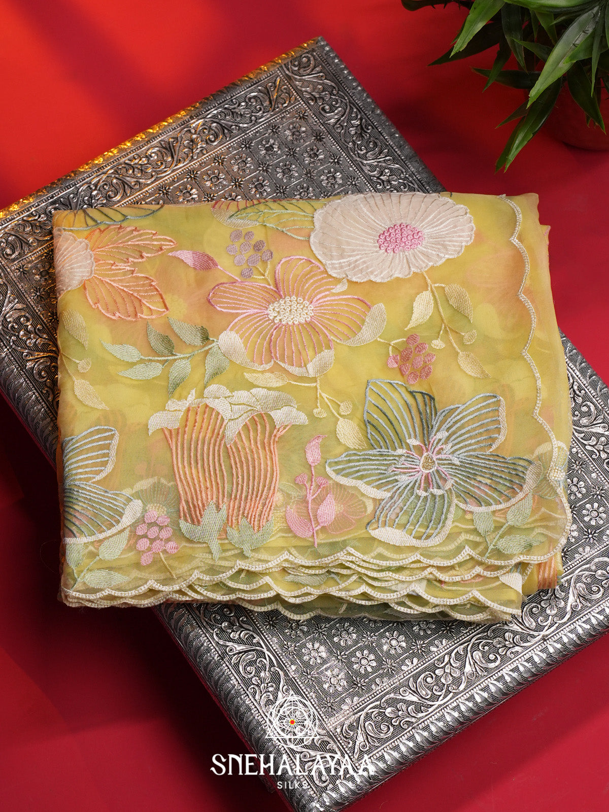 Yellow Embroidered Organza Saree