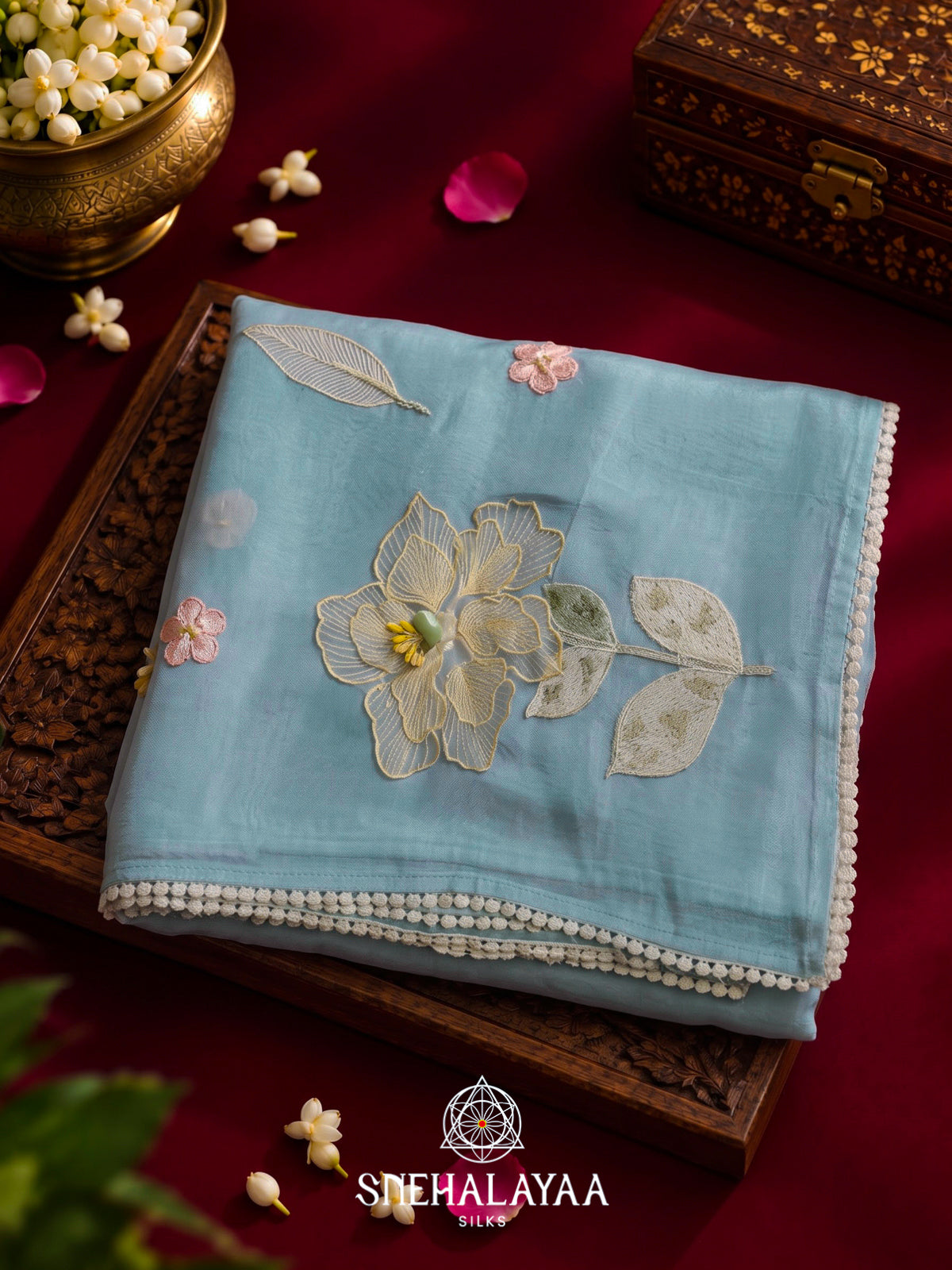 Aqua Blue Embroidered Organza Saree