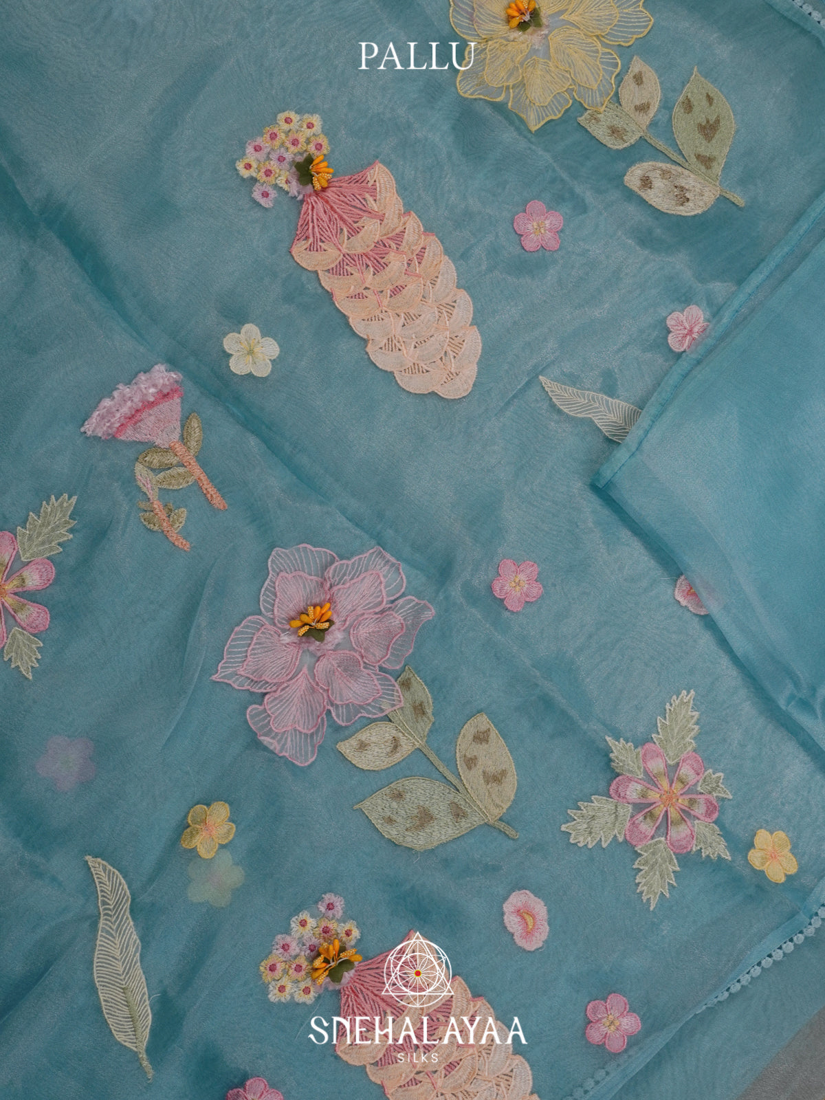 Aqua Blue Embroidered Organza Saree
