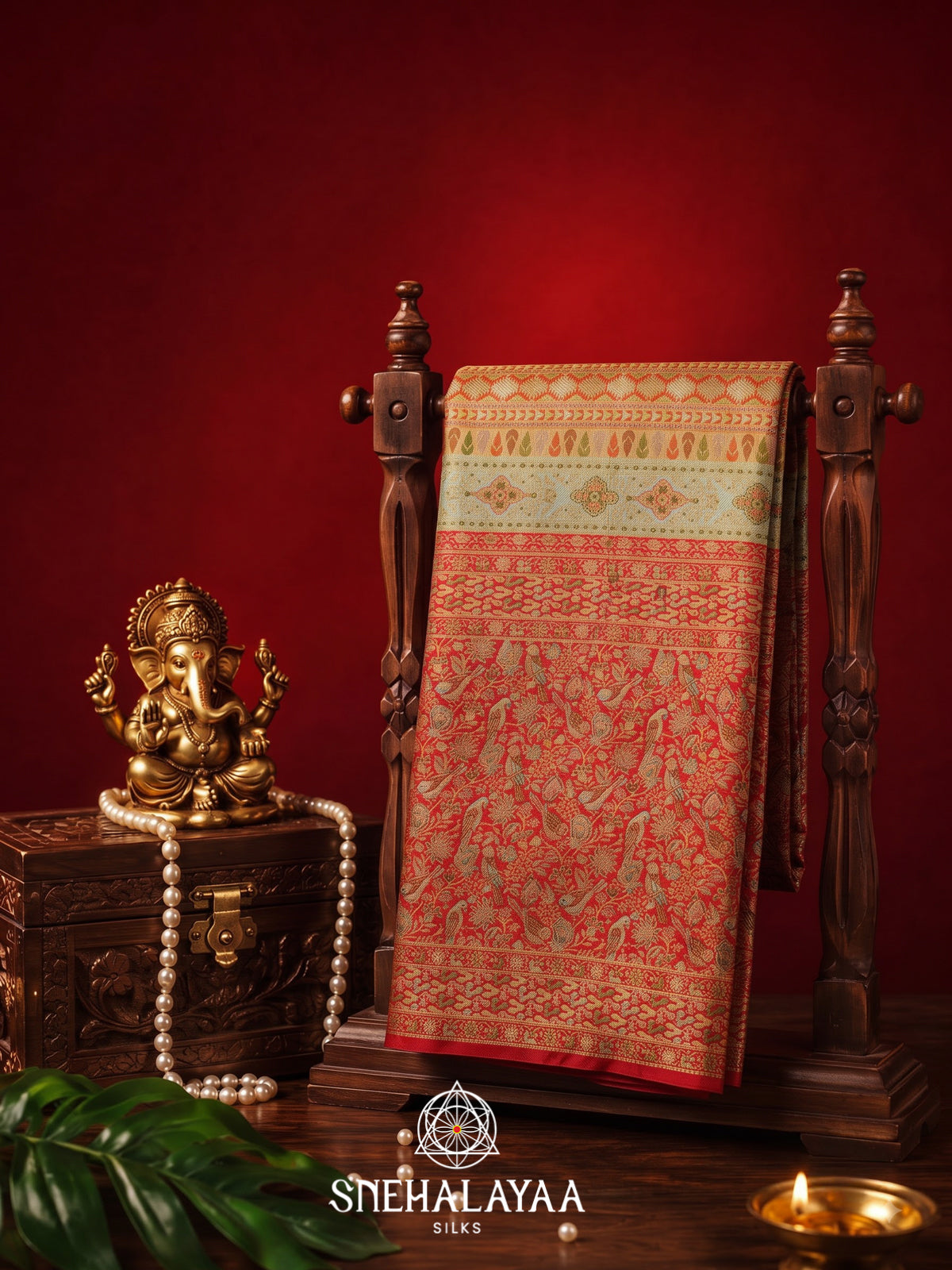 Pastel Green Kanjivaram Silk Saree with Red Floral Bird Border