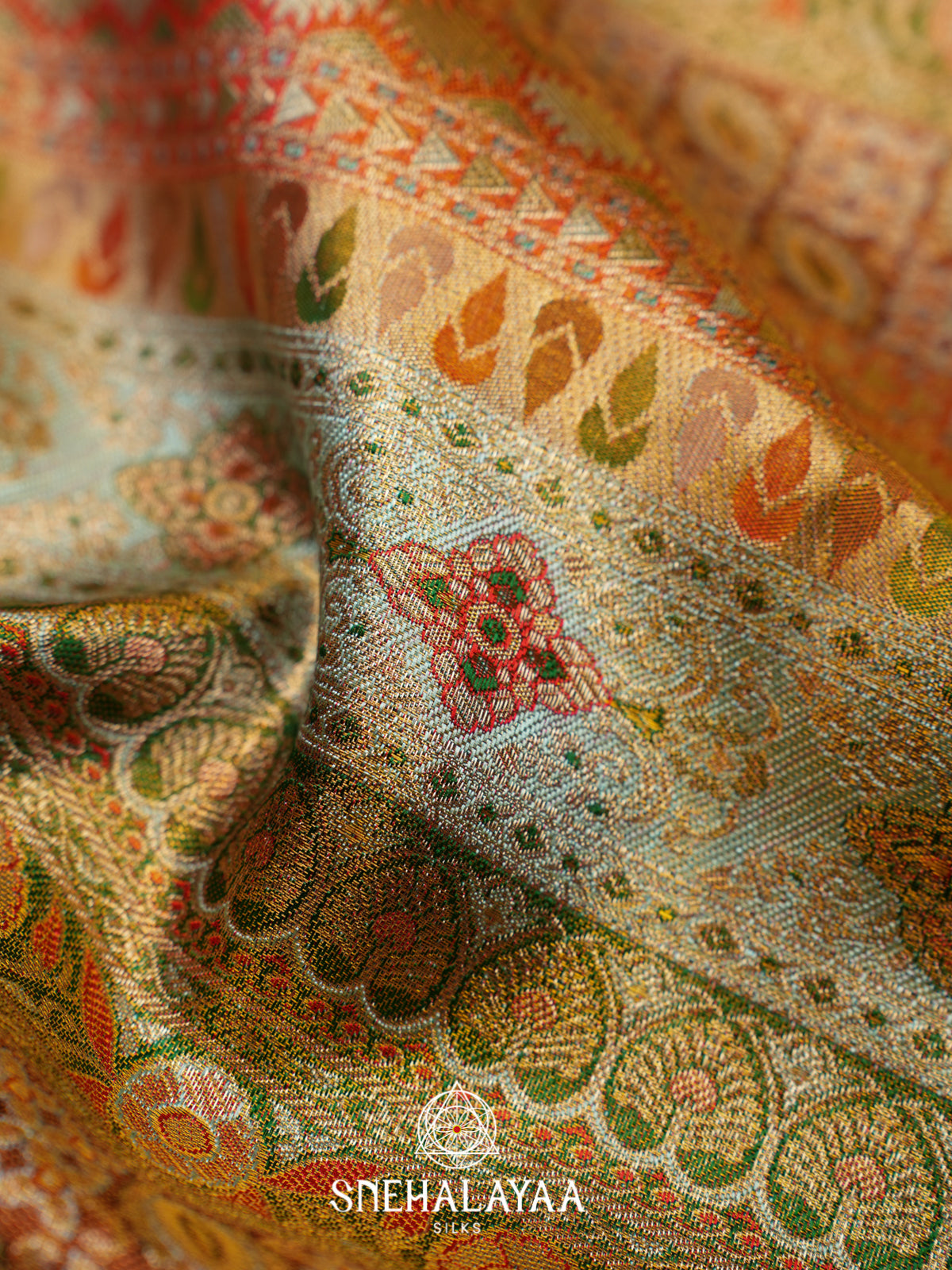 Pastel Green Kanjivaram Silk Saree with Red Floral Bird Border