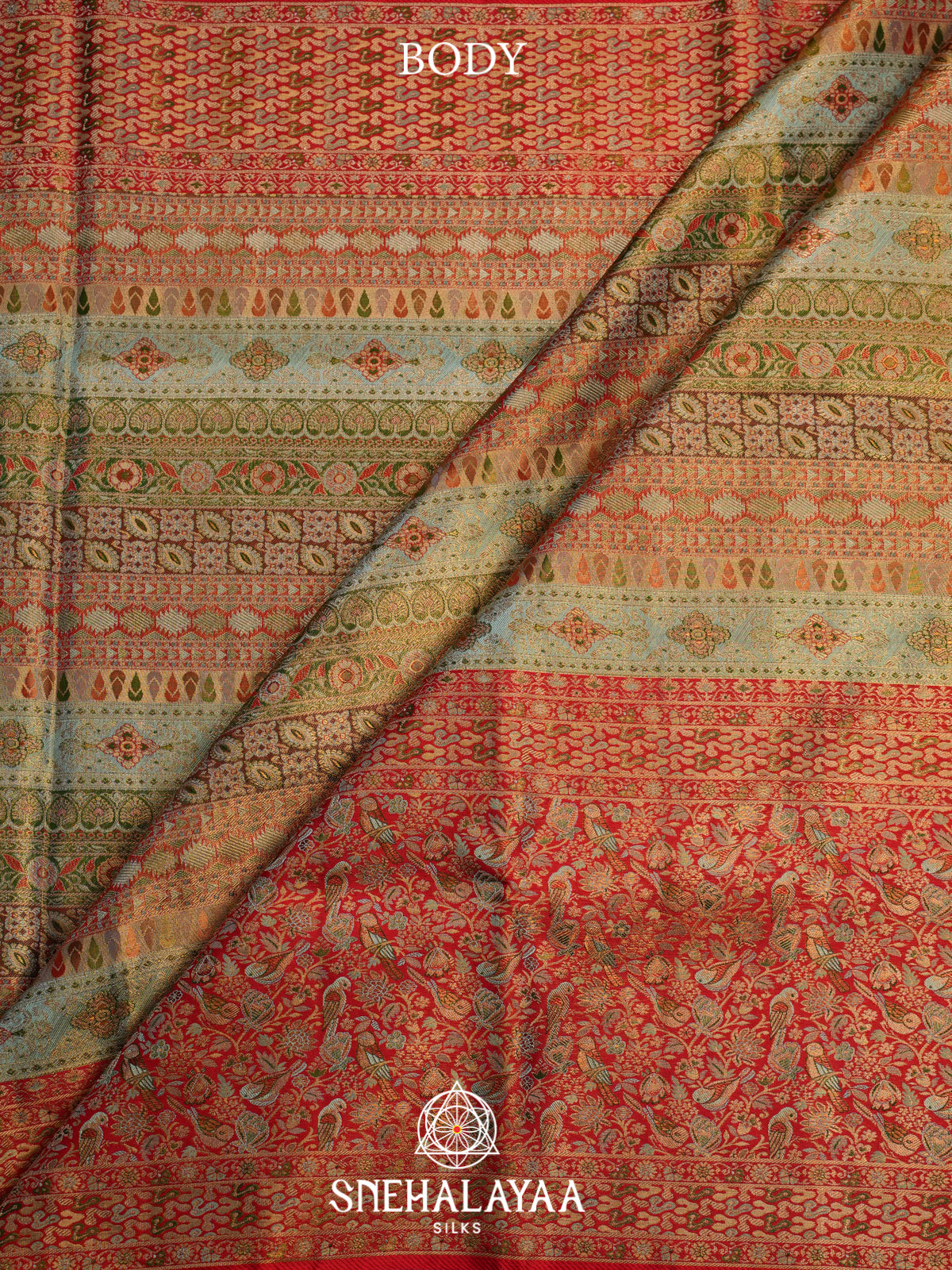 Pastel Green Kanjivaram Silk Saree with Red Floral Bird Border