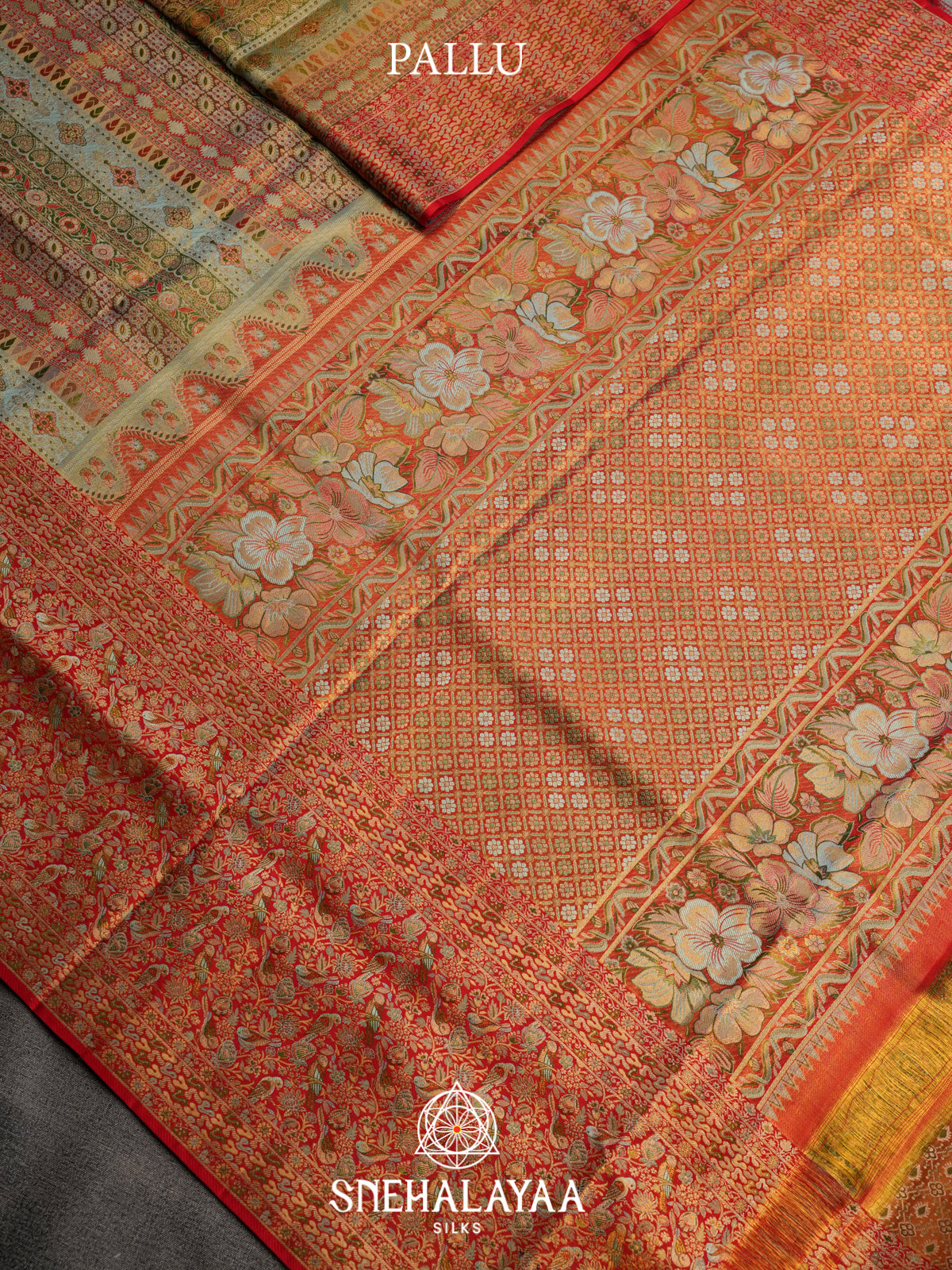 Pastel Green Kanjivaram Silk Saree with Red Floral Bird Border