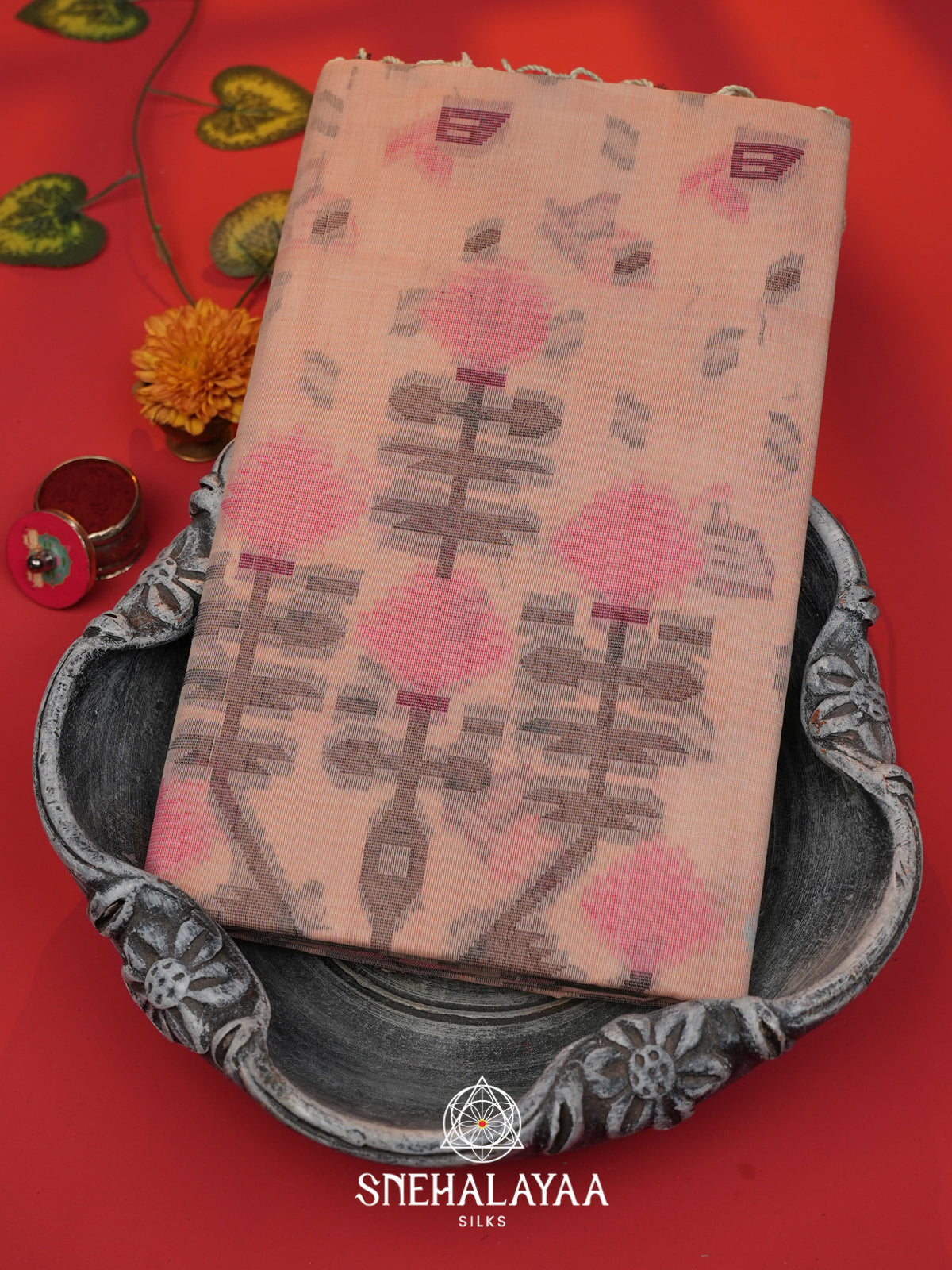Peach Bengal Cotton Jamdani Saree without Blouse