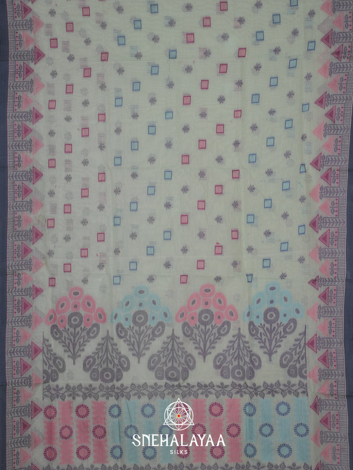 Pale Blue Bengal Cotton Jamdani Saree without Blouse