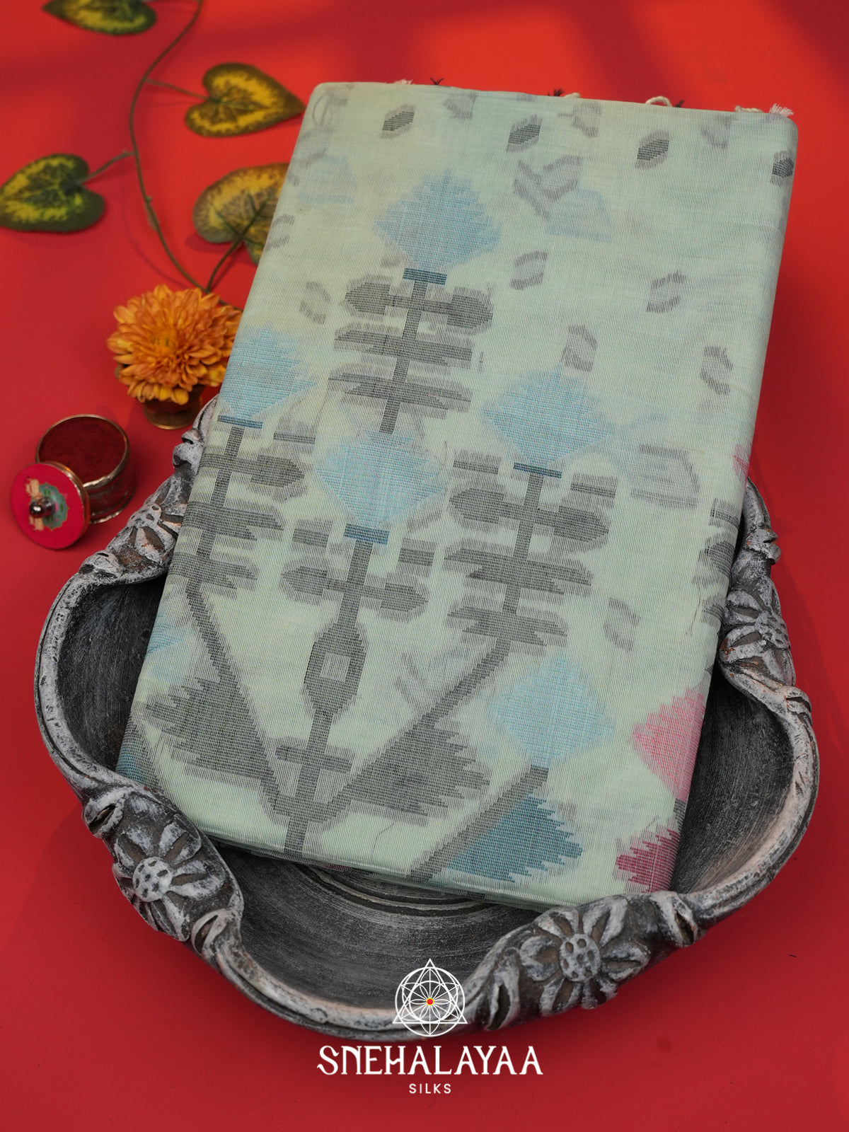 Pale Blue Bengal Cotton Jamdani Saree without Blouse