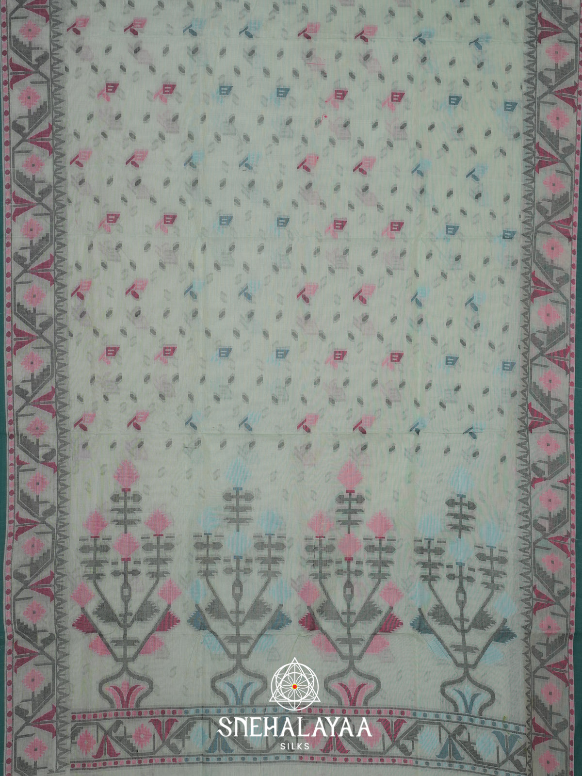 Pale Blue Bengal Cotton Jamdani Saree without Blouse