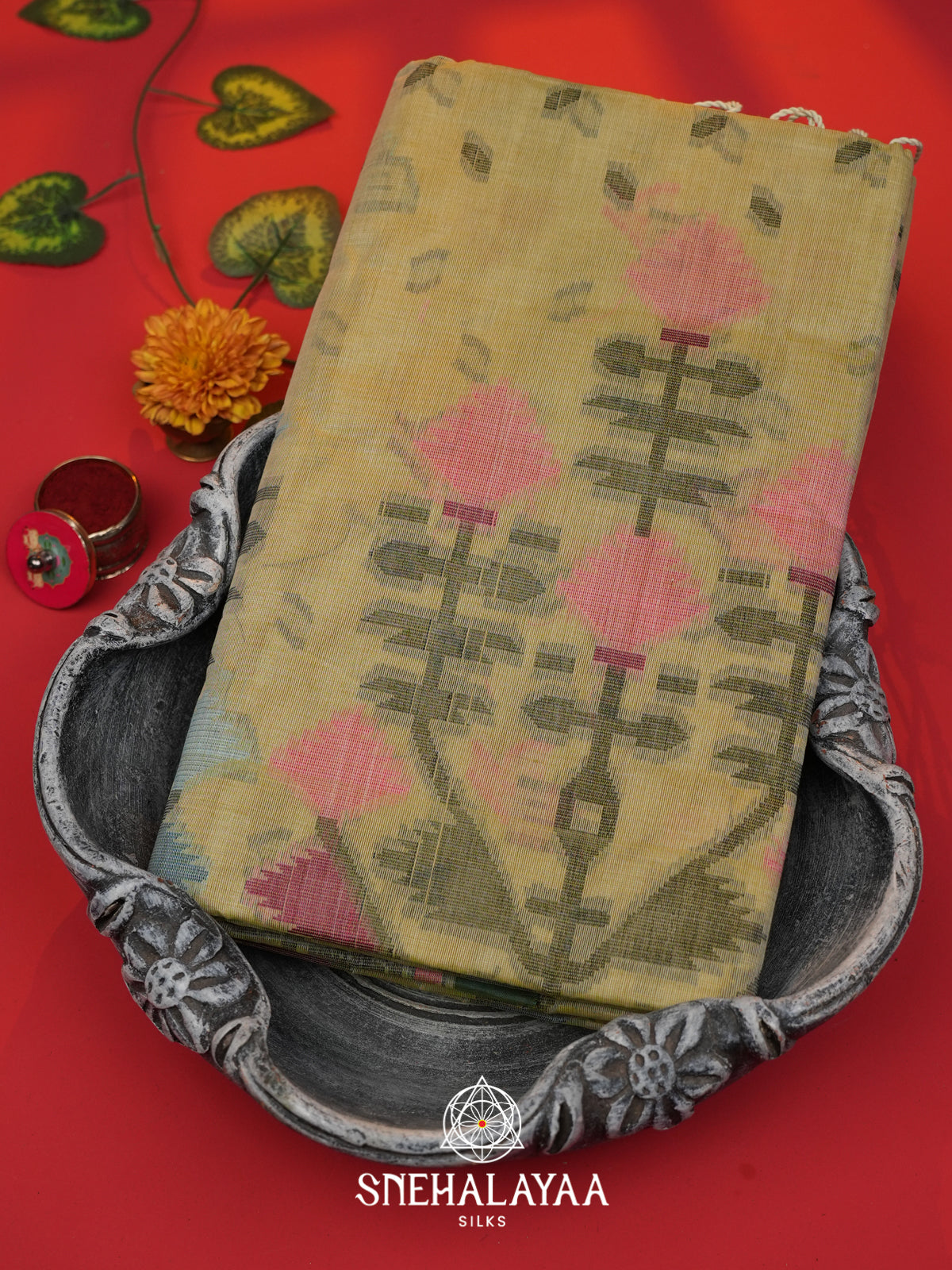 Olive Yellow Bengal Cotton Jamdani Saree without Blouse