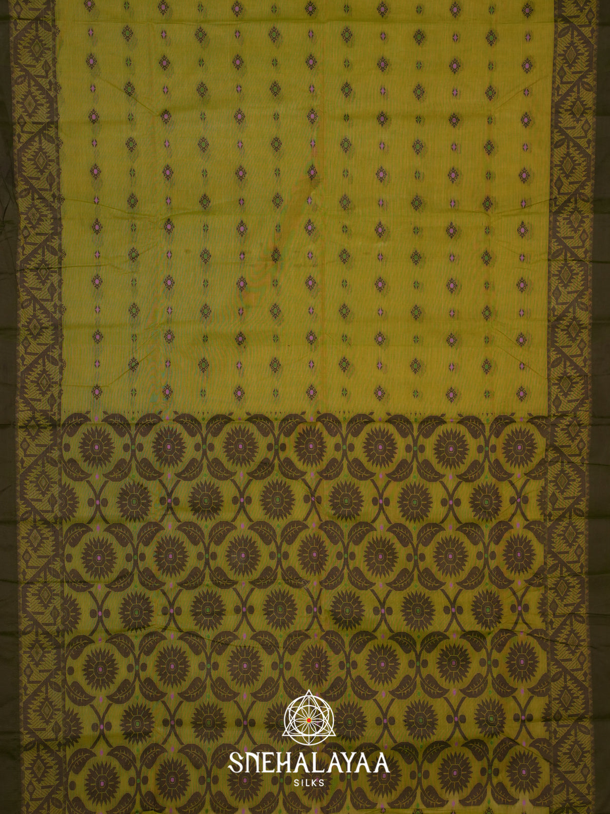 Olive Green Bengal Cotton Jamdani Saree without Blouse