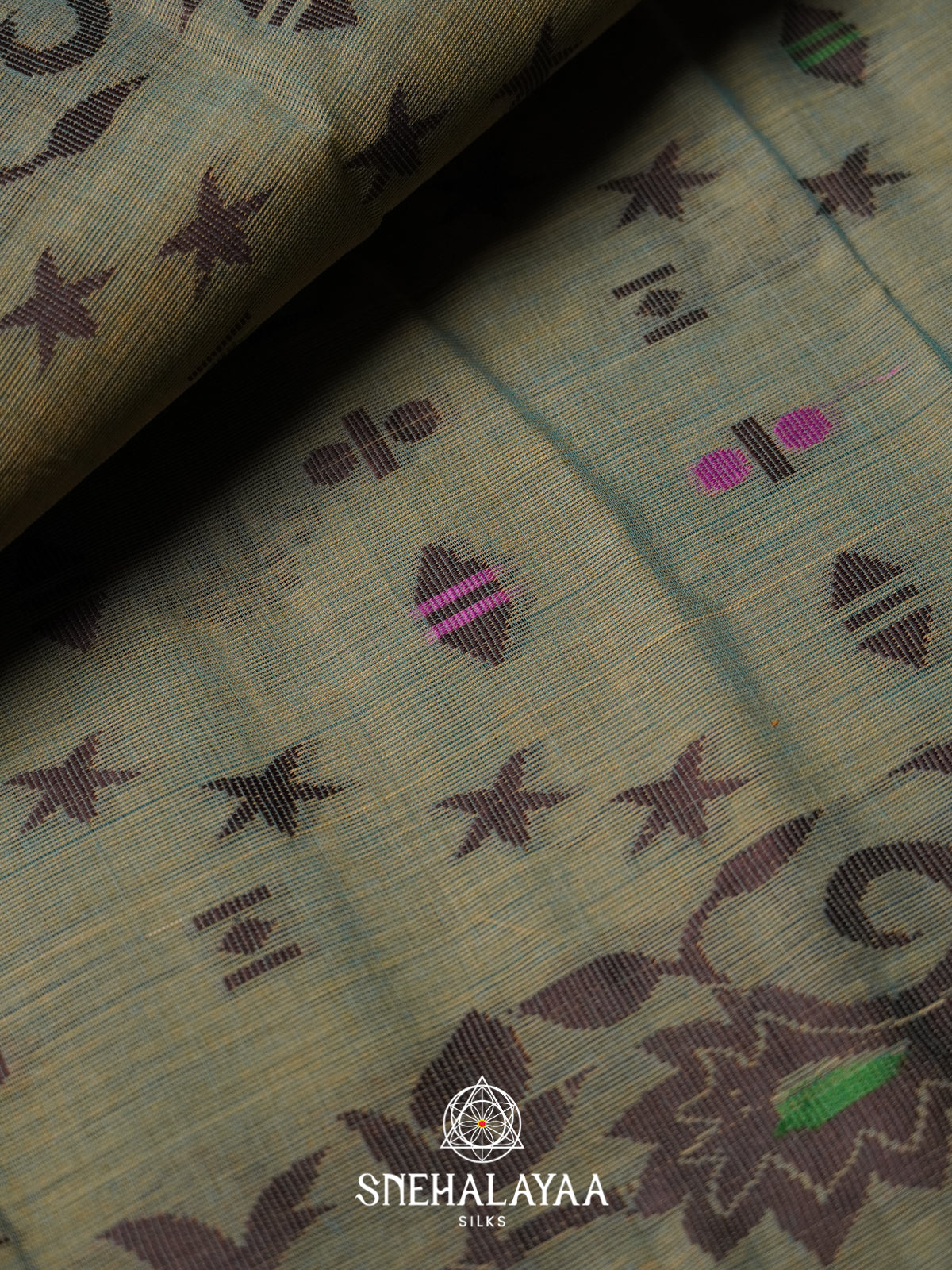 Sage Green Bengal Cotton Jamdani Saree without Blouse