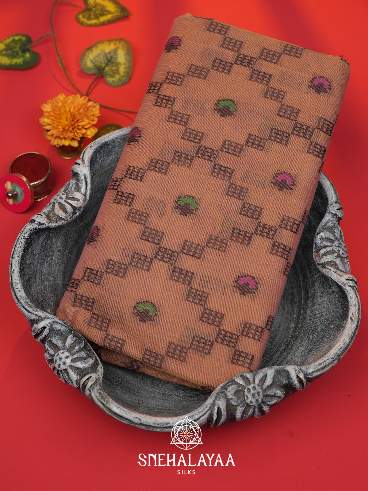 Peach Bengal Cotton Jamdani Saree without Blouse