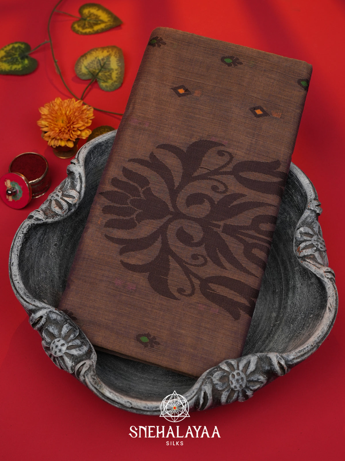 Teak Wood Brown Bengal Cotton Jamdani Saree without Blouse