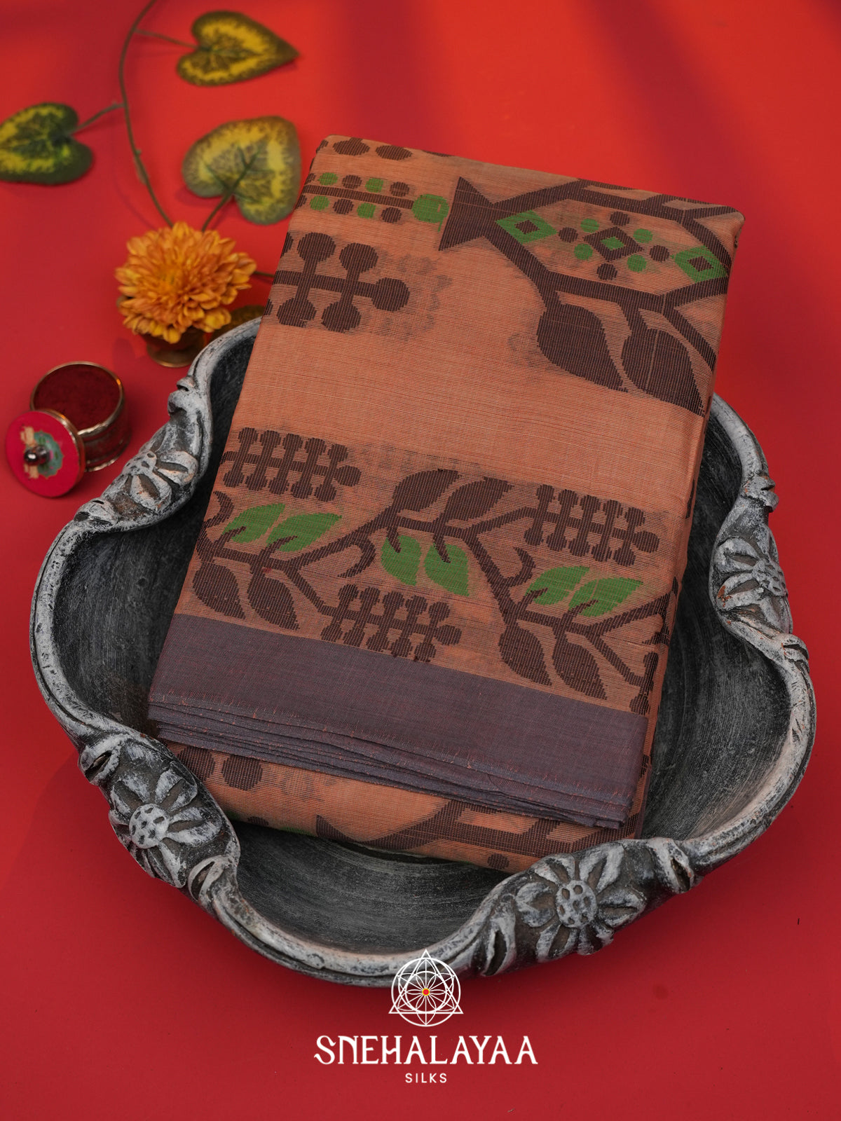 Peach Bengal Cotton Jamdani Saree without Blouse