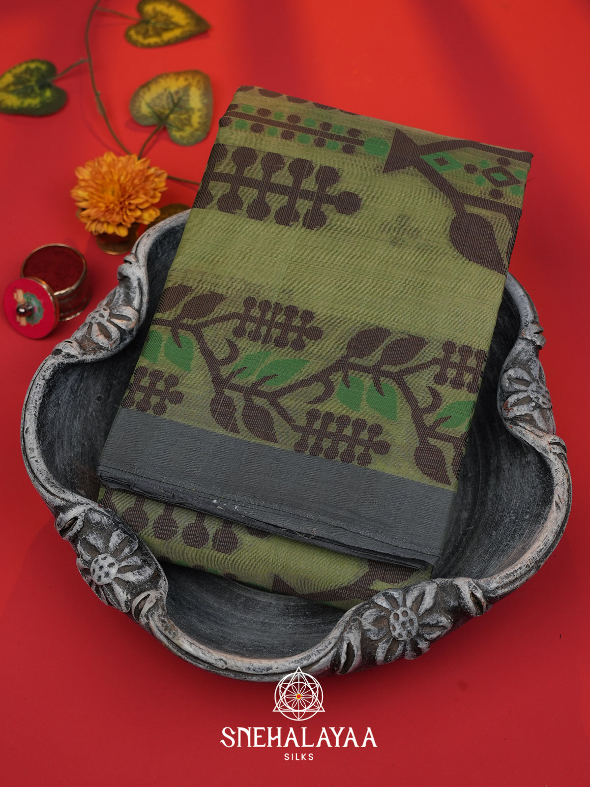 Olive Green Bengal Cotton Jamdani Saree without Blouse
