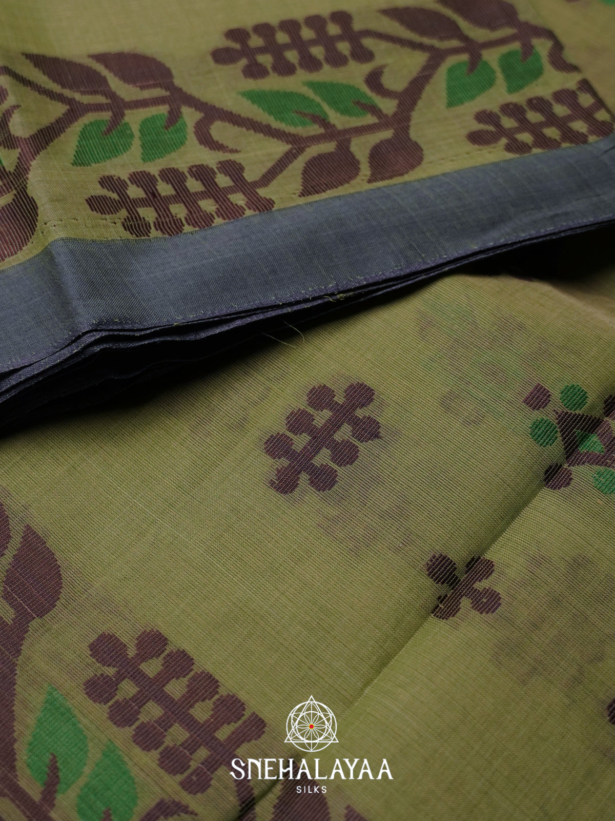 Olive Green Bengal Cotton Jamdani Saree without Blouse