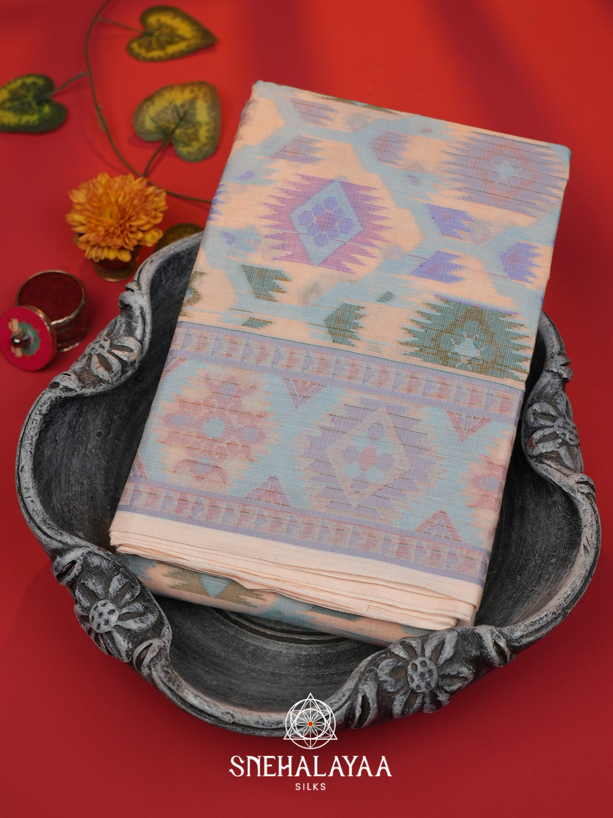 Pastel Peach Bengal Cotton Jamdani Saree without Blouse