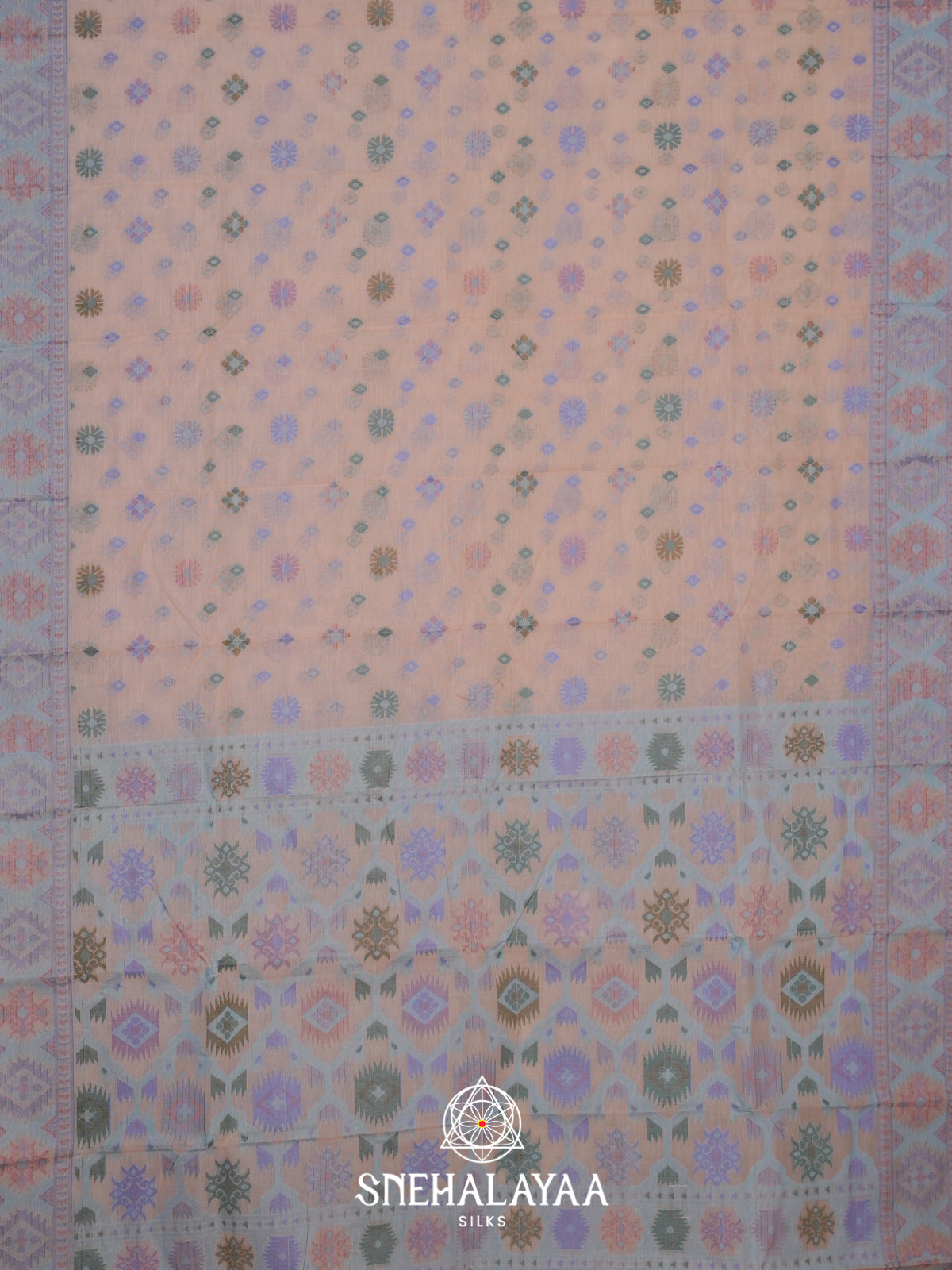 Pastel Peach Bengal Cotton Jamdani Saree without Blouse