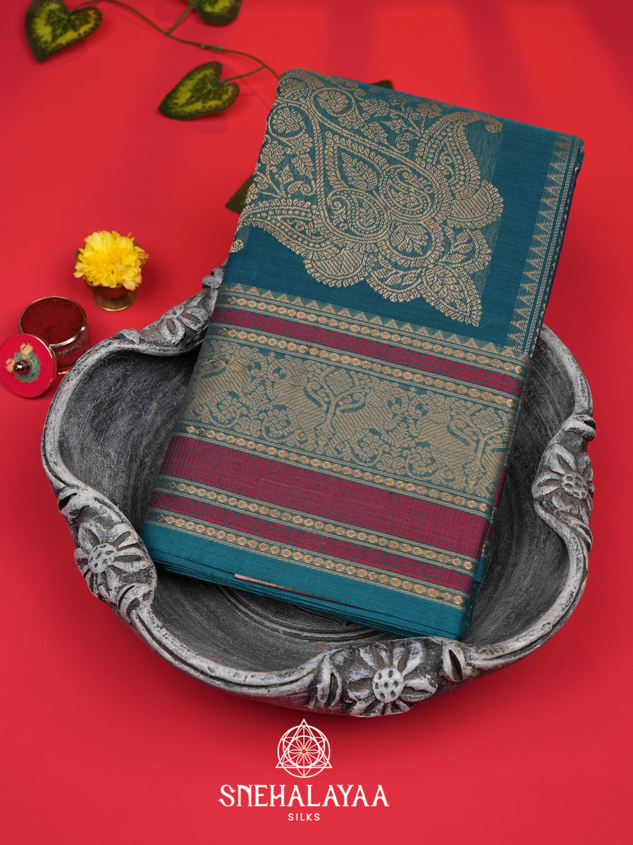 Teal Blue Kanchi Cotton Saree