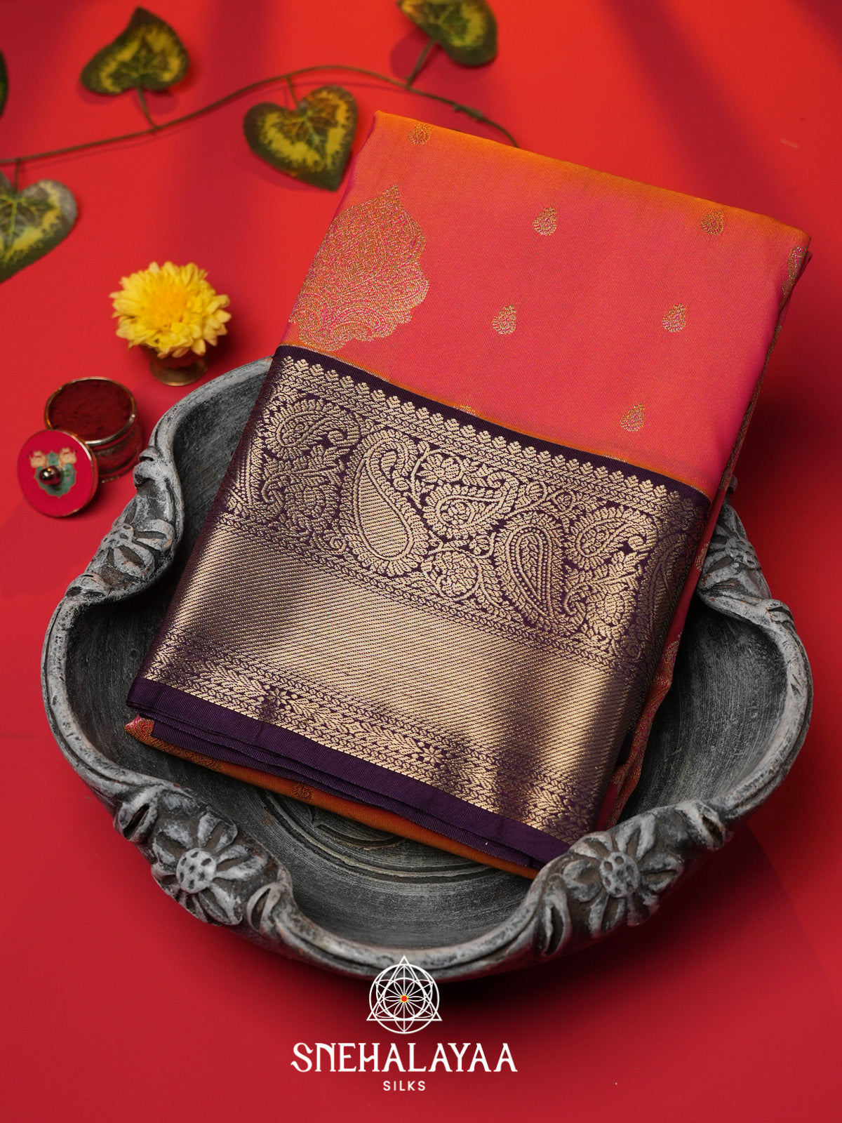 Coral Orange Art Silk Saree