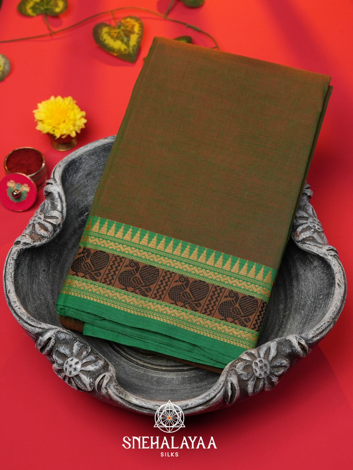 Olive Green Chettinad Cotton Saree