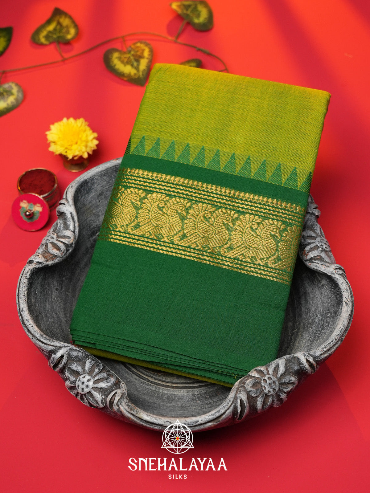 Chartreuse Green Handloom Cotton Saree