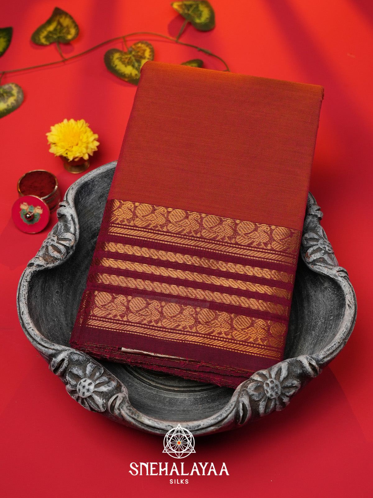 Coral Orange Handloom Cotton Saree