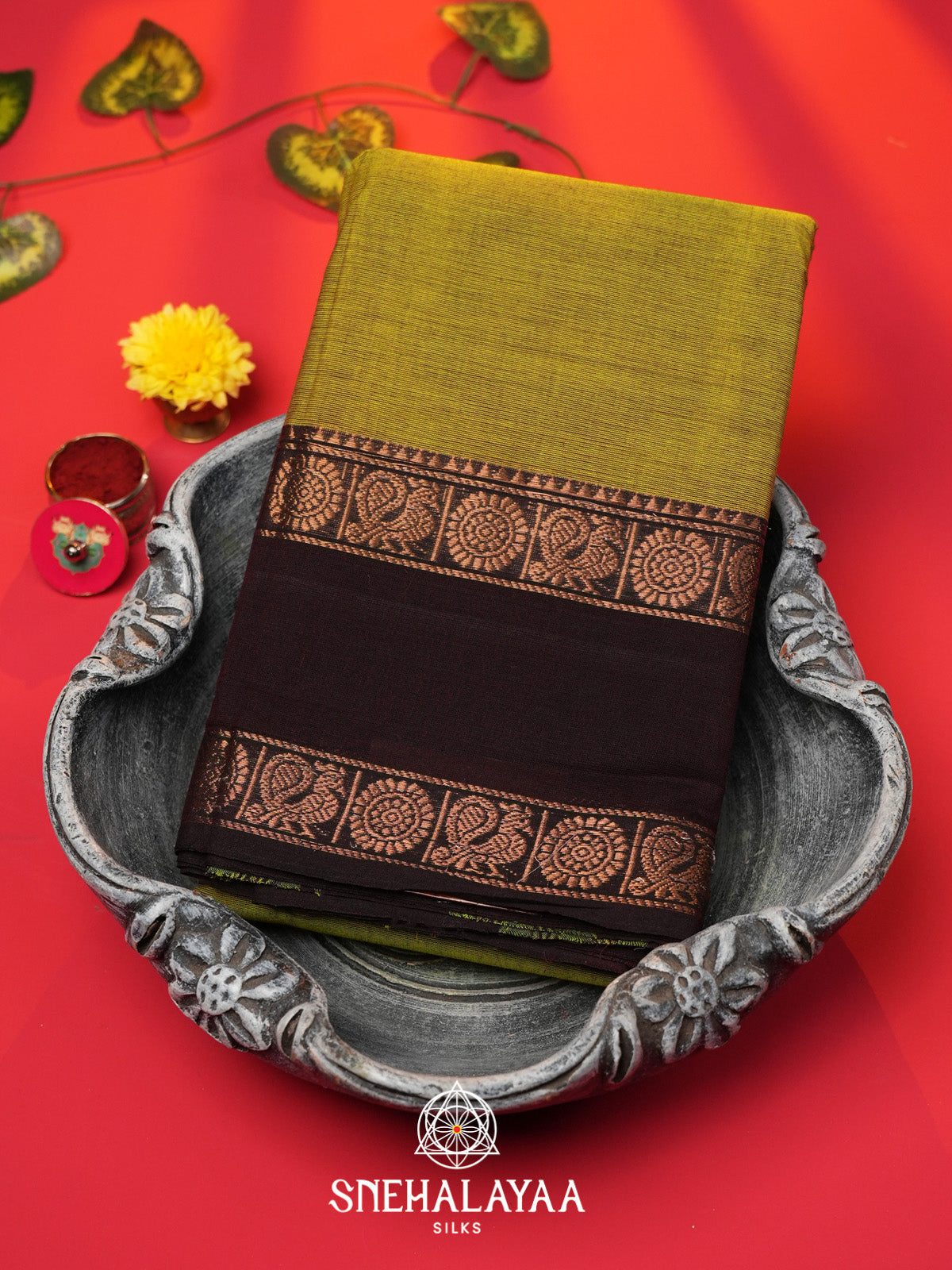 Olive Yellow Handloom Cotton Saree