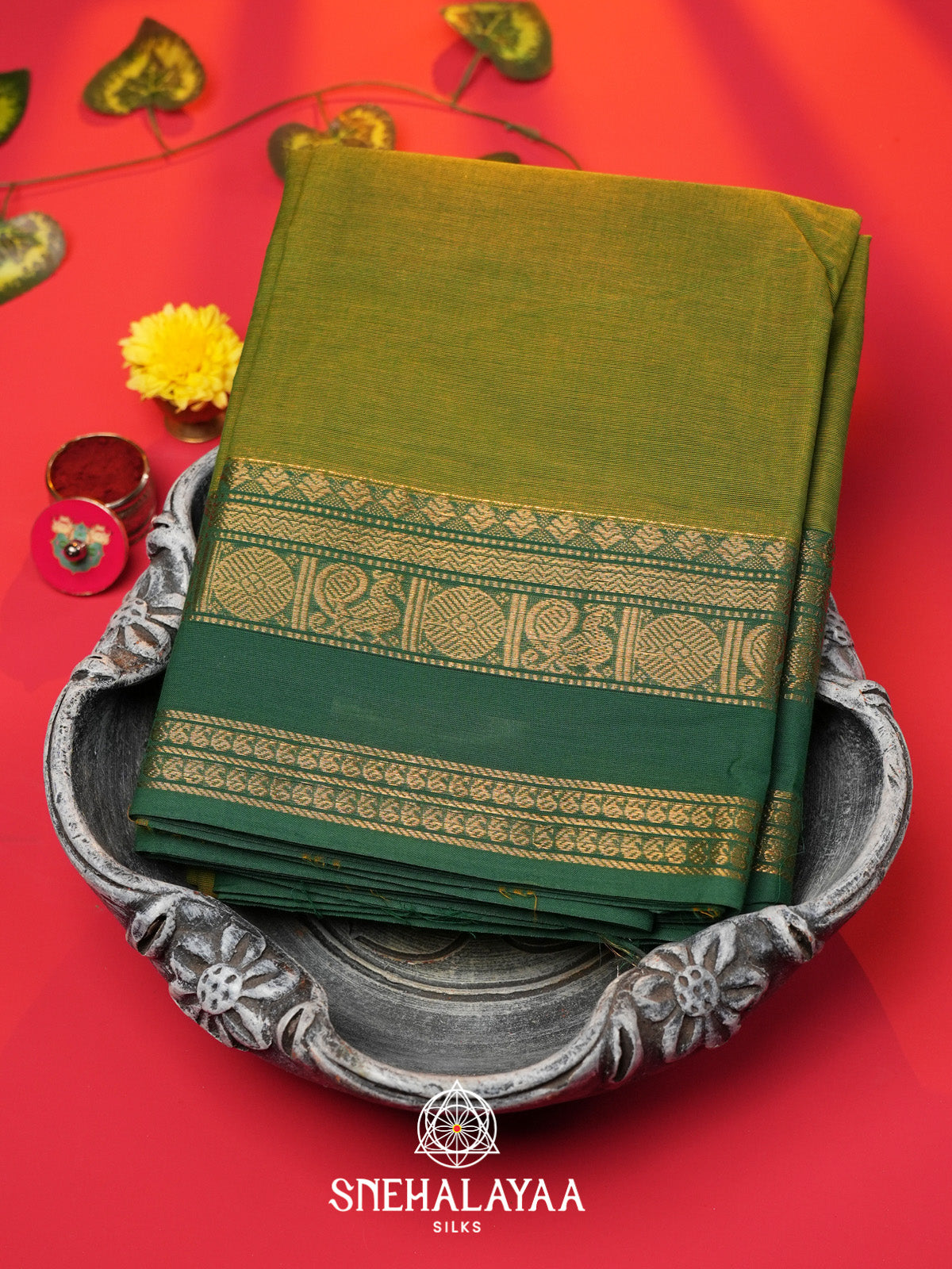 Mehandi Green Handloom Cotton Saree