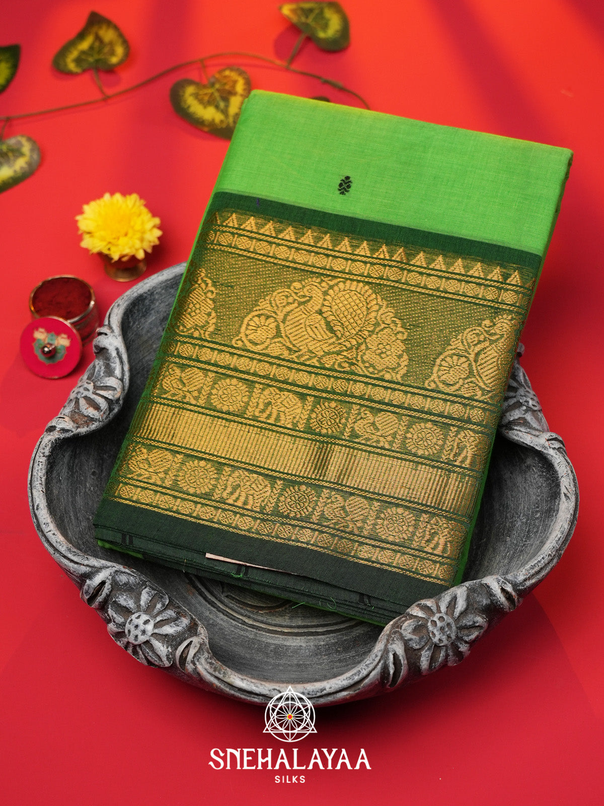 Parrot Green Handloom Cotton Saree