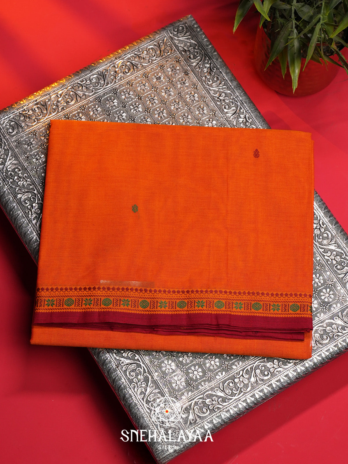 Rust Orange Handloom Cotton Saree
