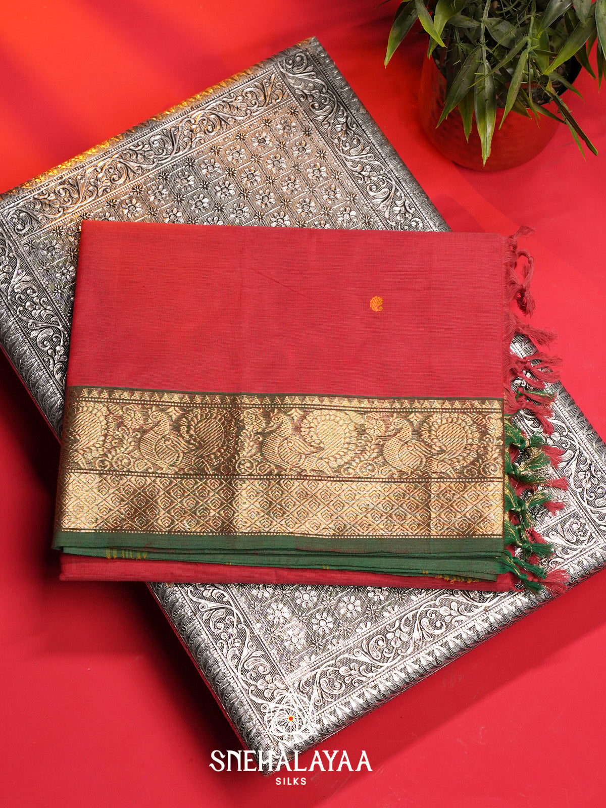 Coral Red Handloom Cotton Saree