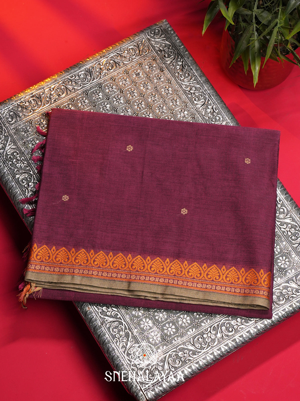 Wine Handloom Cotton Saree