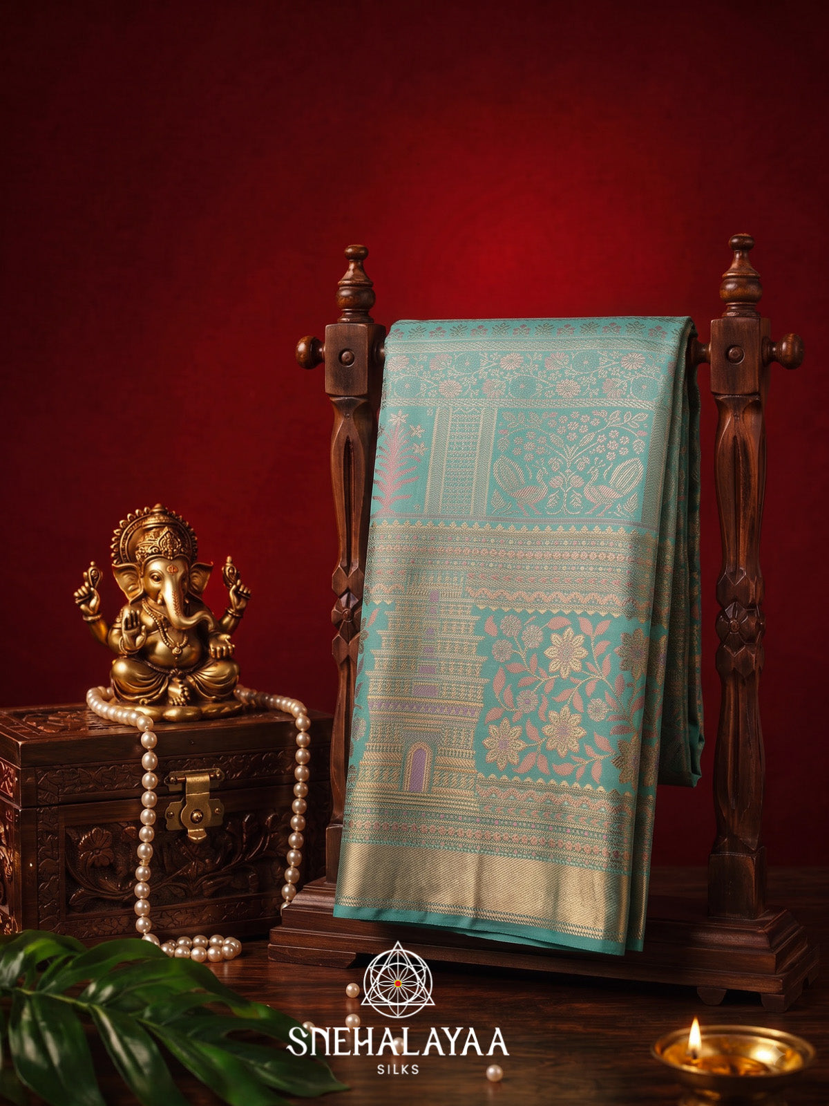 Sky Blue Kanjivaram Silk Saree with Temple Motifs