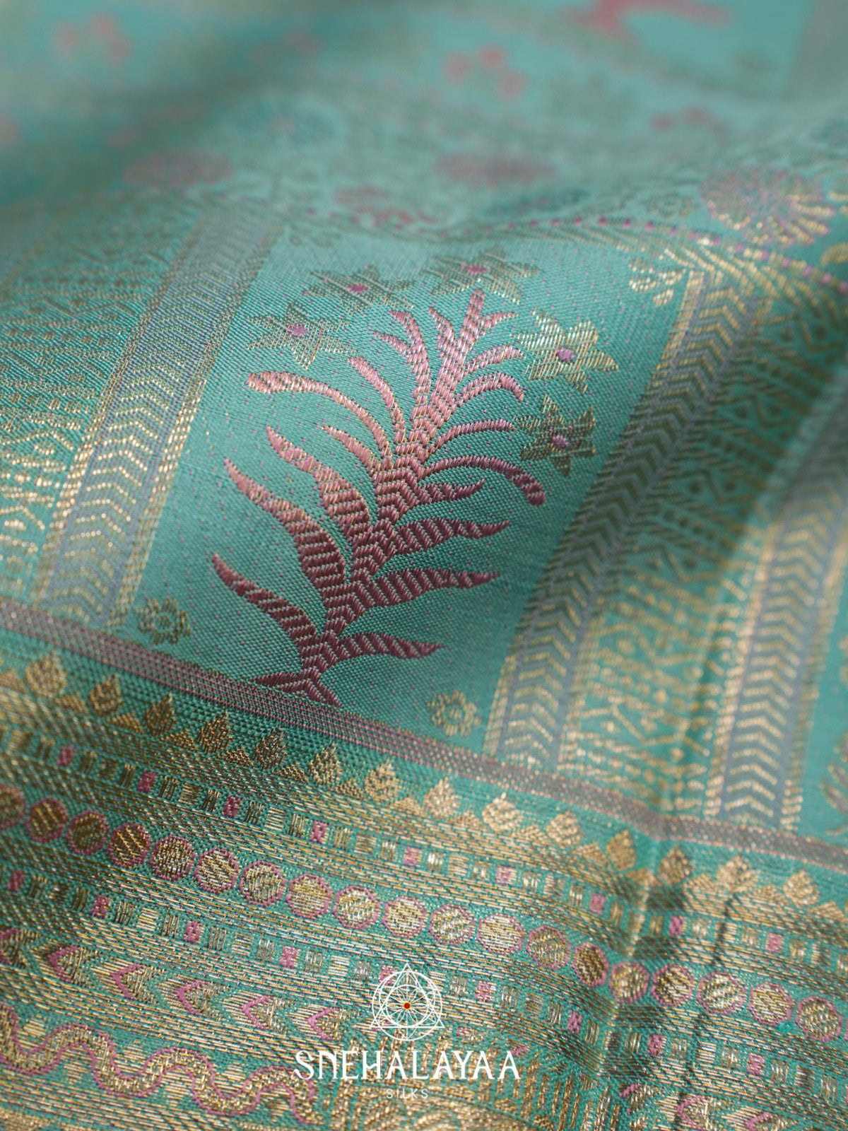 Sky Blue Kanjivaram Silk Saree with Temple Motifs