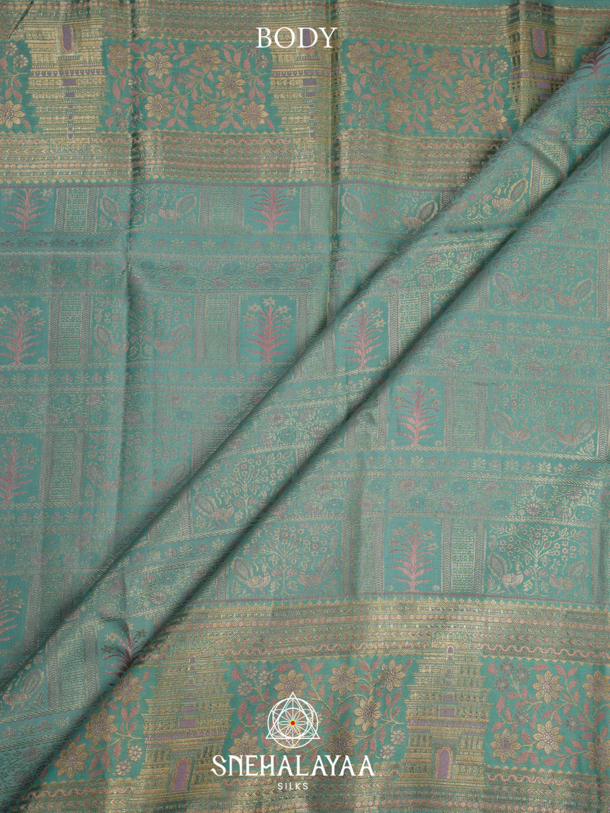 Sky Blue Kanjivaram Silk Saree with Temple Motifs