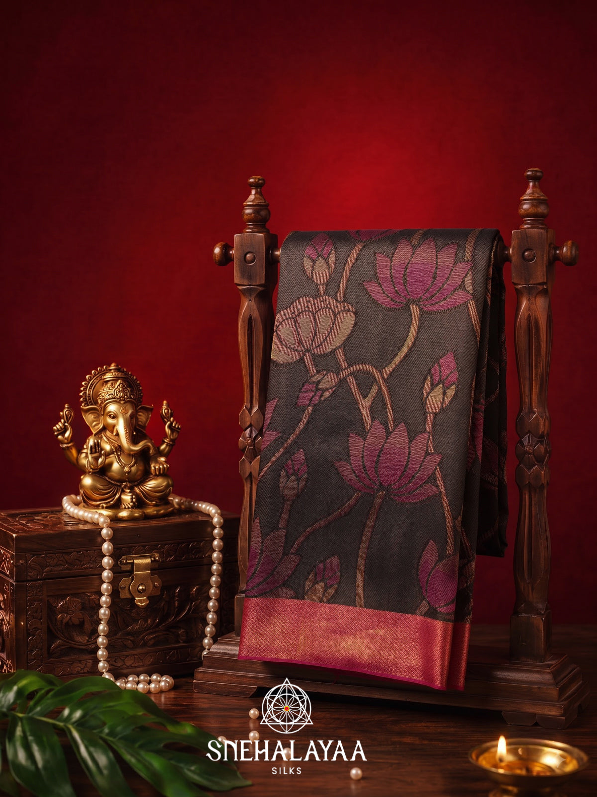 Dark Brown Kanjivaram Silk Saree with Pink Lotus Motifs