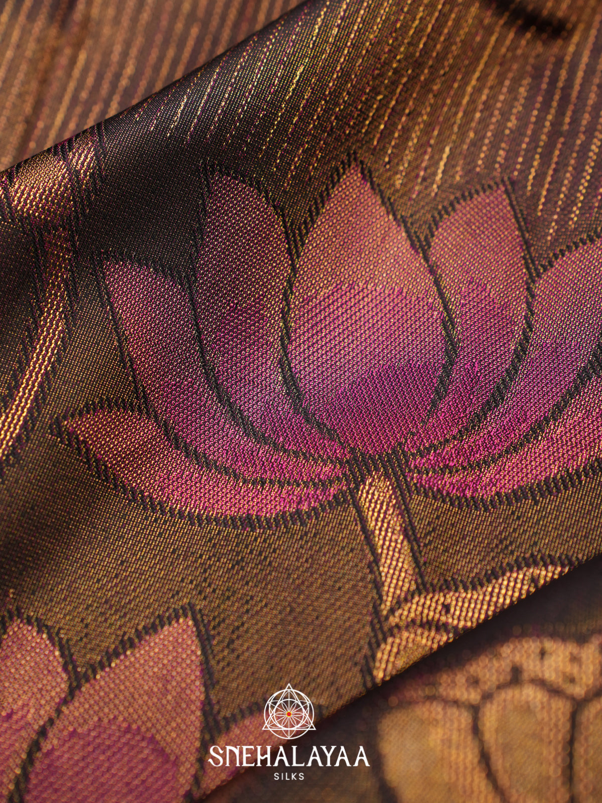 Dark Brown Kanjivaram Silk Saree with Pink Lotus Motifs