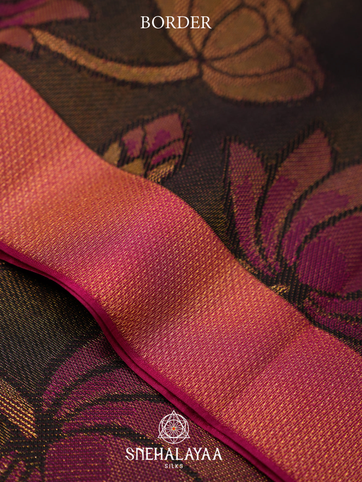 Dark Brown Kanjivaram Silk Saree with Pink Lotus Motifs