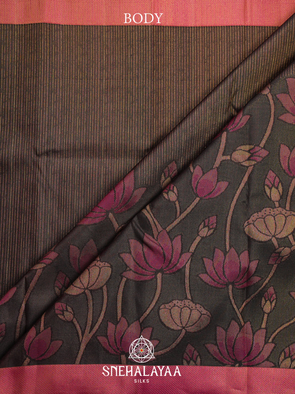 Dark Brown Kanjivaram Silk Saree with Pink Lotus Motifs