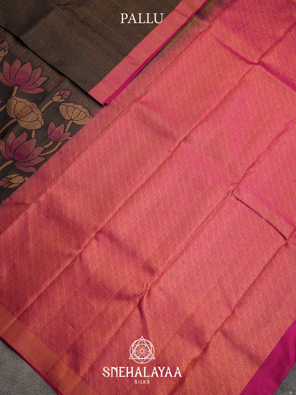 Dark Brown Kanjivaram Silk Saree with Pink Lotus Motifs