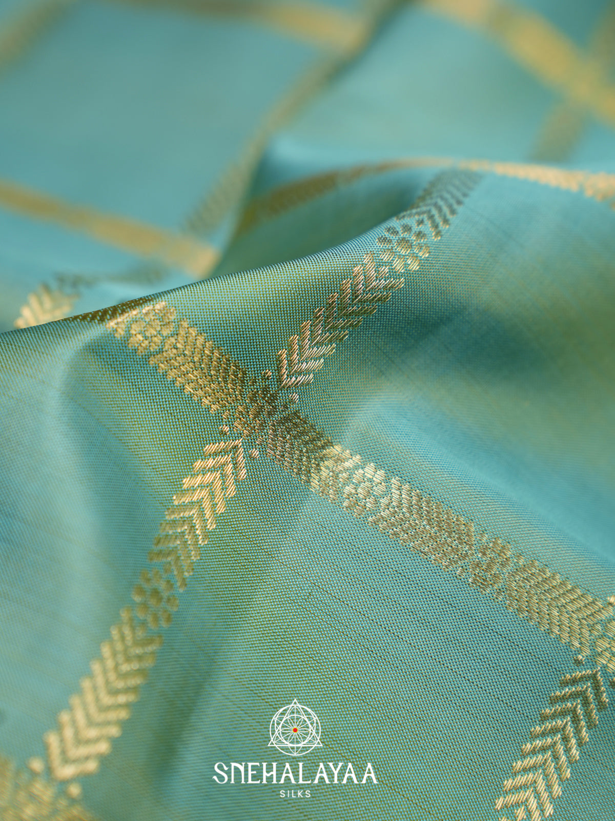 Sky Blue Kanjivaram Silk Saree with Olive Green Elephant Border