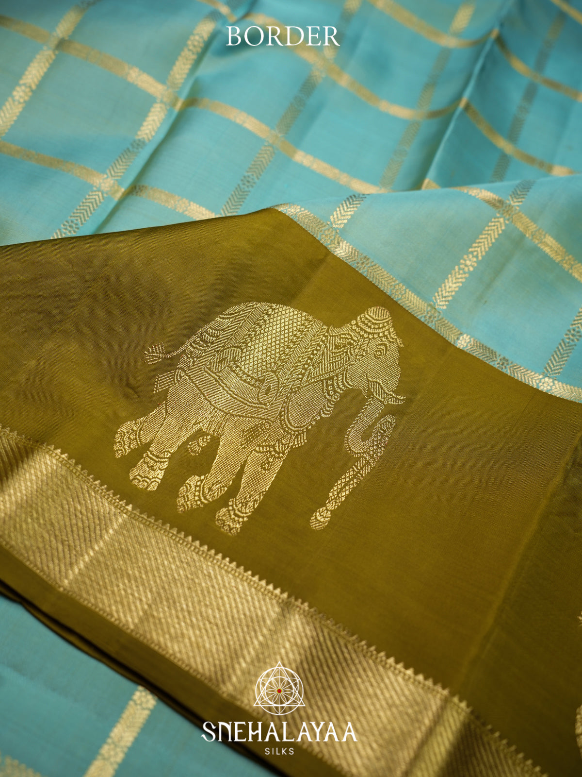 Sky Blue Kanjivaram Silk Saree with Olive Green Elephant Border