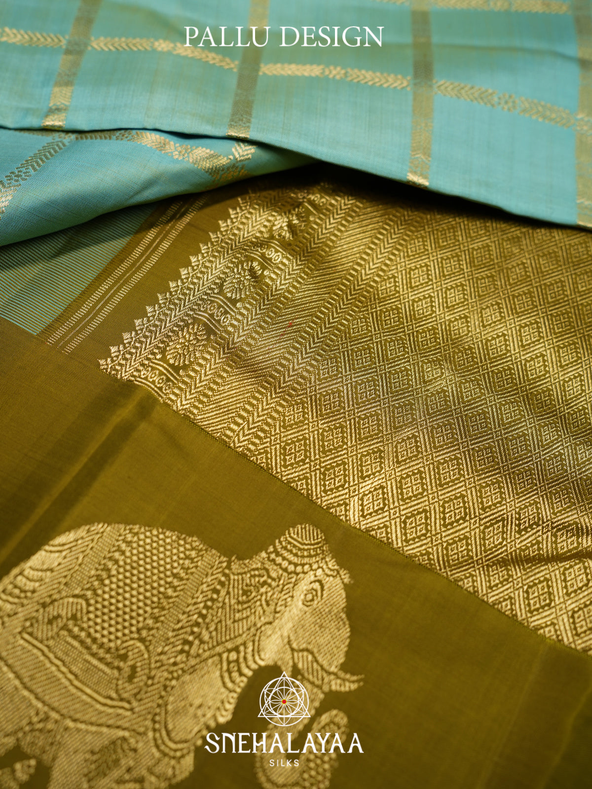 Sky Blue Kanjivaram Silk Saree with Olive Green Elephant Border