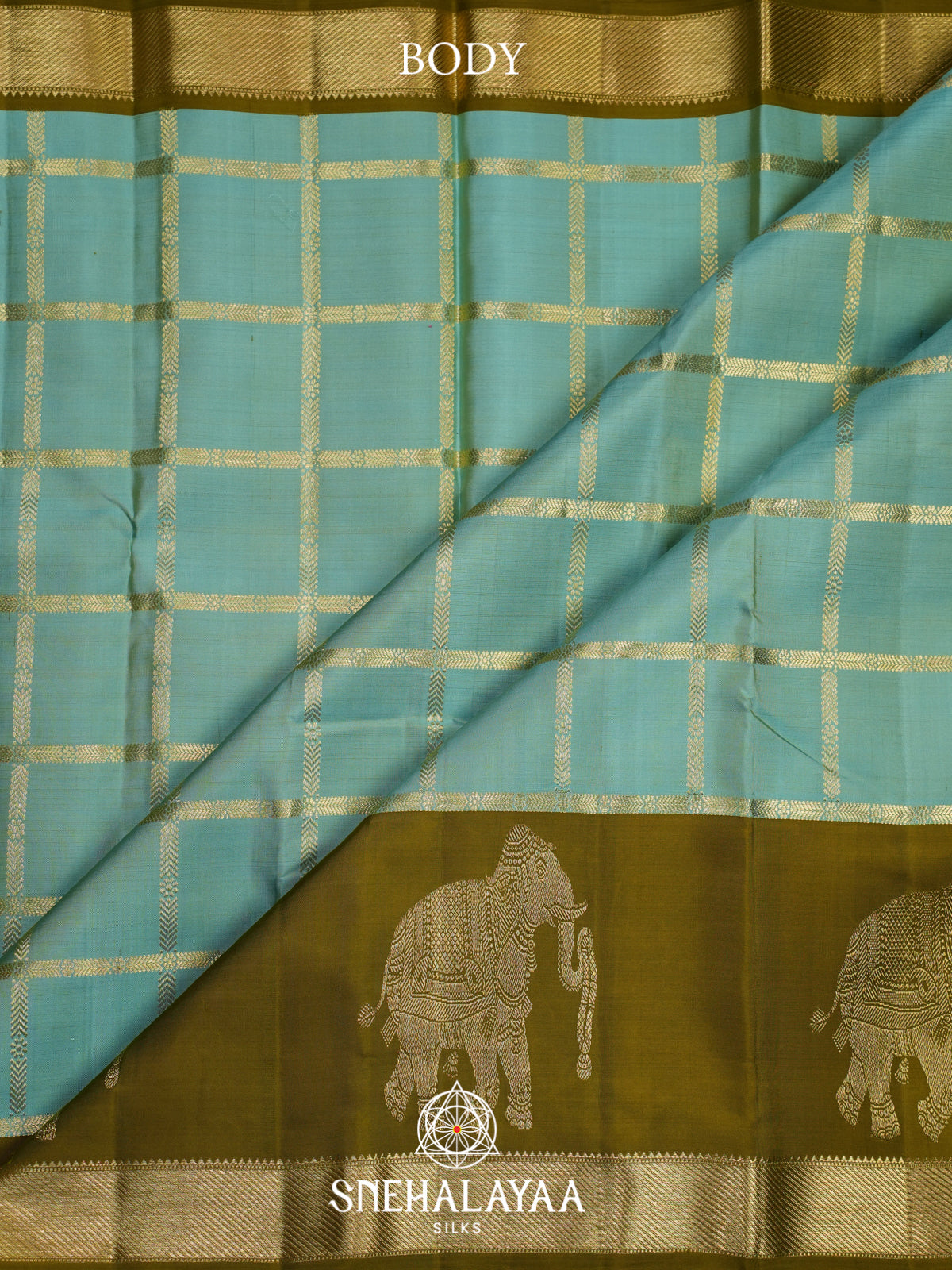 Sky Blue Kanjivaram Silk Saree with Olive Green Elephant Border