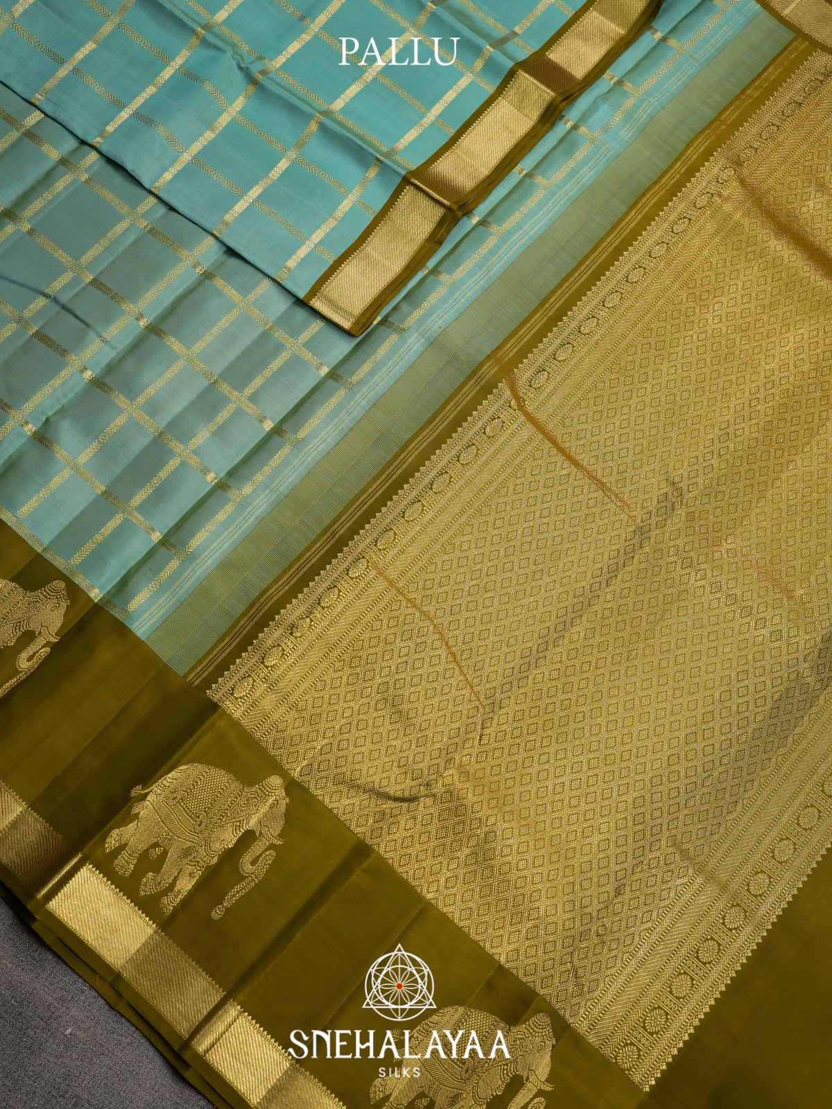 Sky Blue Kanjivaram Silk Saree with Olive Green Elephant Border