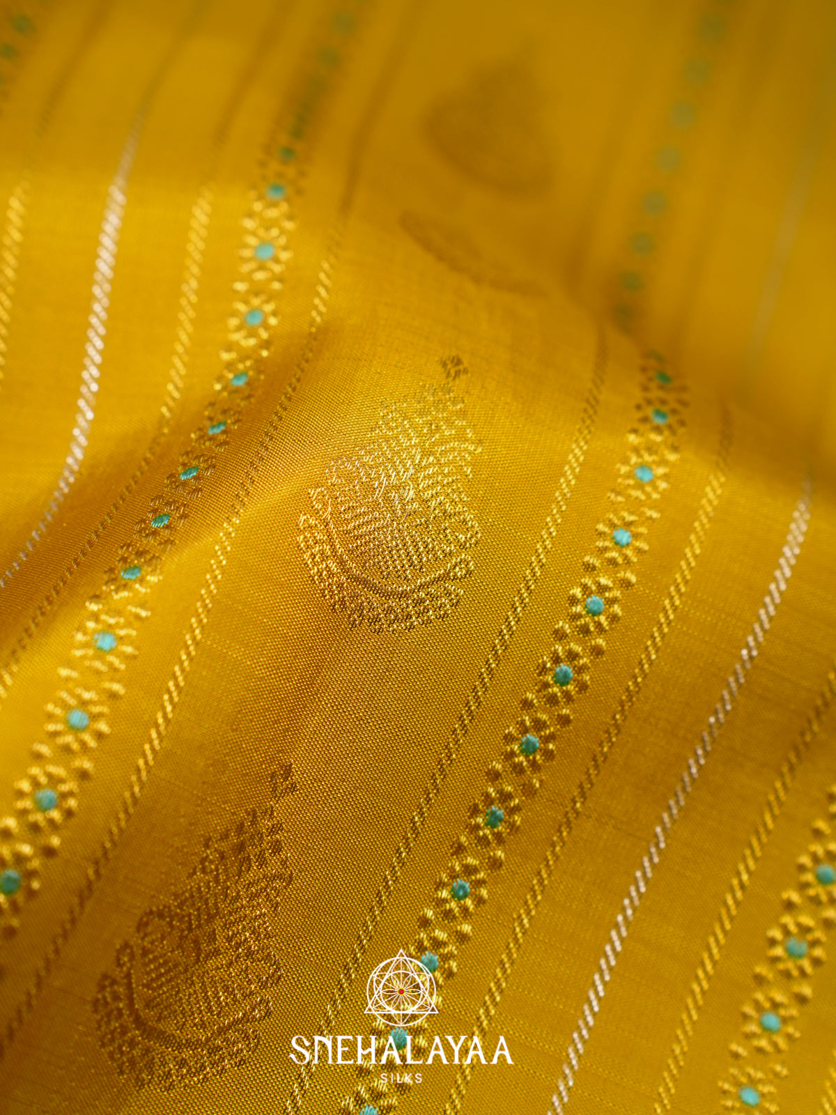 Mustard Yellow Kanjivaram Silk Saree with Turquoise Blue Border