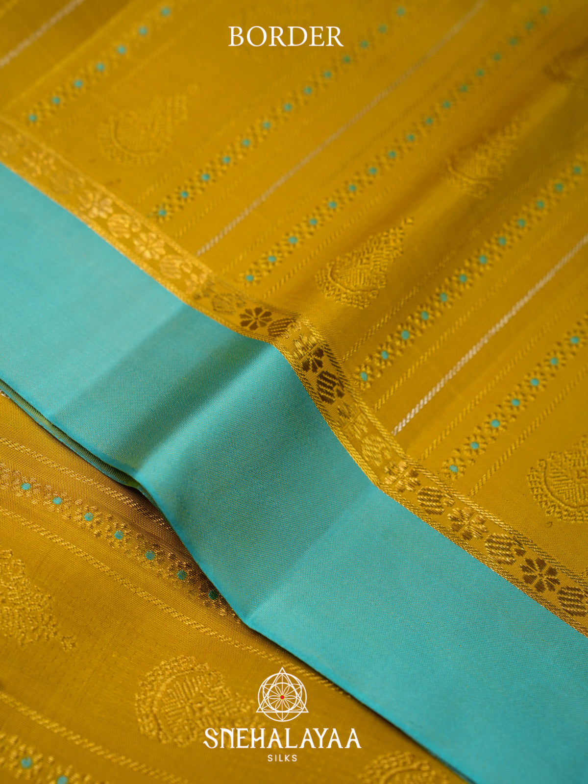 Mustard Yellow Kanjivaram Silk Saree with Turquoise Blue Border