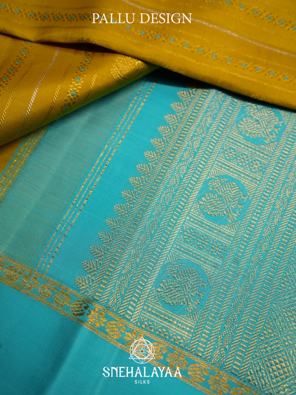 Mustard Yellow Kanjivaram Silk Saree with Turquoise Blue Border